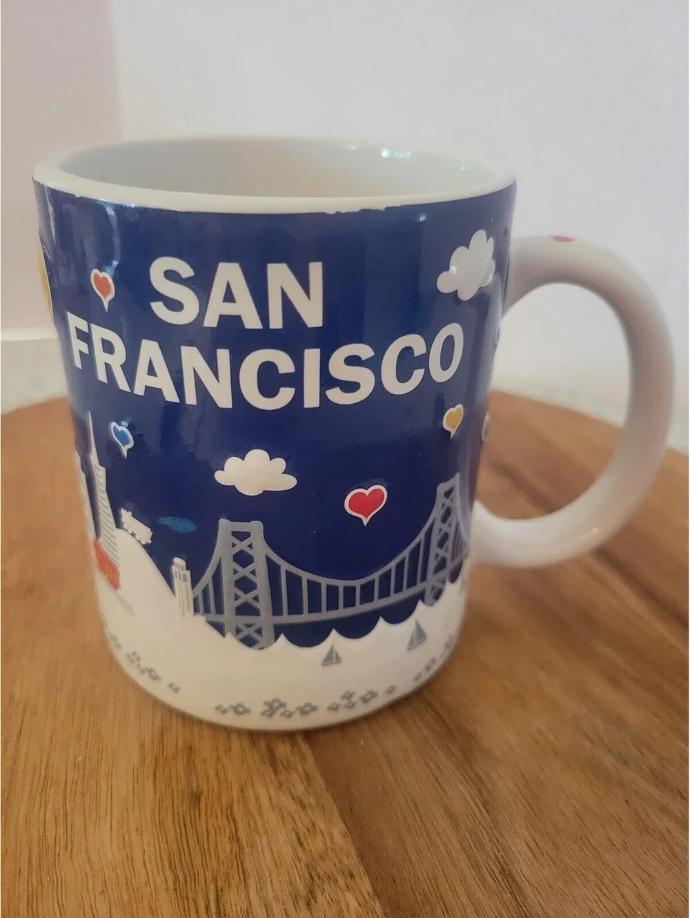 San Francisco Blue Ceramic Coffee Mug Skyline Bridge Hearts City Travel Souvenir